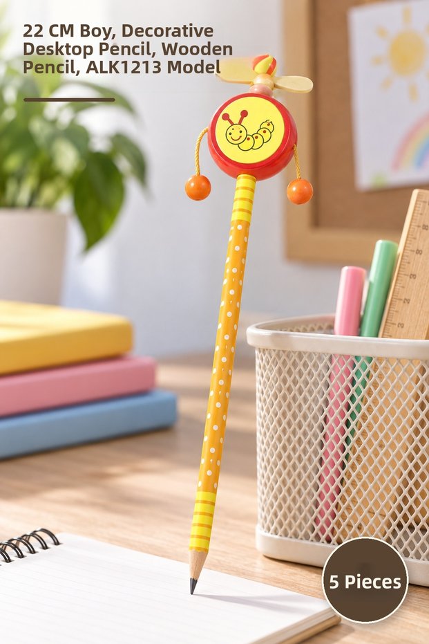 5 Pcs Wooden Figured Pencils – 22 cm Length, Decorative Desktop Pencil, Wooden Pencil, Alk1213 Model