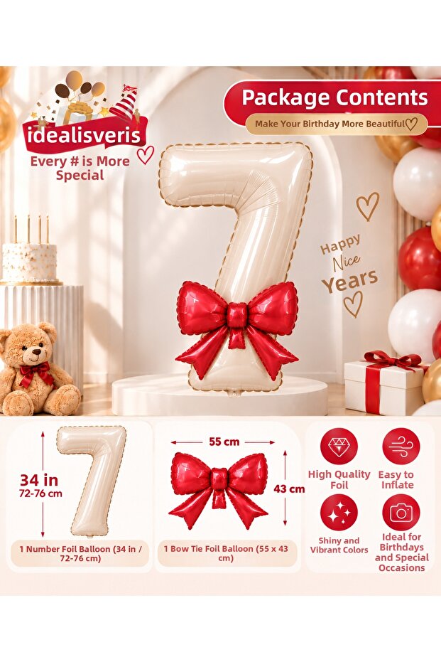 Red Bow and Cream Number Foil Balloon Set