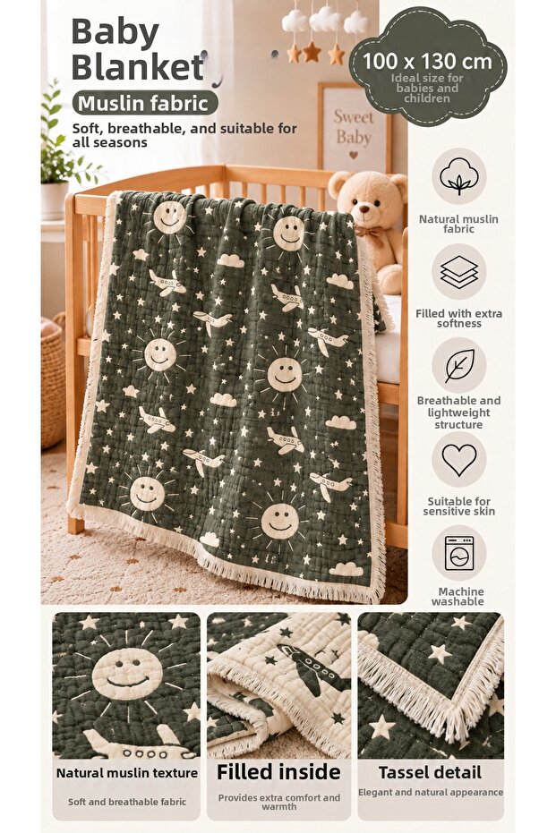 100% Cotton Muslin 6-Layer Baby & Kids Blanket, 100X130Cm Patterned Muslin Stroller Cover