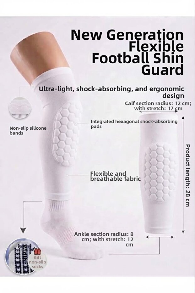 New Generation Flexible Football Shin Guard Size m - Shock-Absorbing Padded Shin Guard Socks - White - Suitable for Ages 14 and Over.