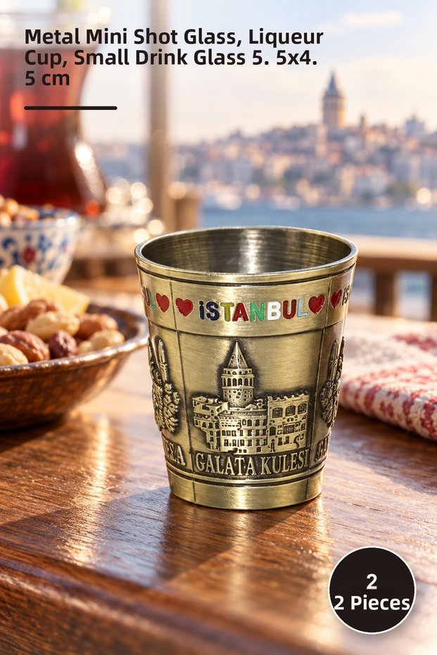 2 Pieces Metal Istanbul Local Shot Glasses – Metal Mini Shot Glass Liquor Glass Small Shot Glass 5.5×4.5 cm
