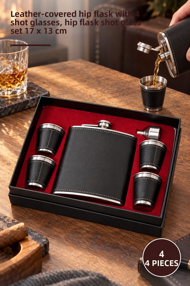 4-Piece Flask Set – Leather Covered Flask with 4 Shot Glasses, Hip Flask Shot Glass Set 17 X 13 cm