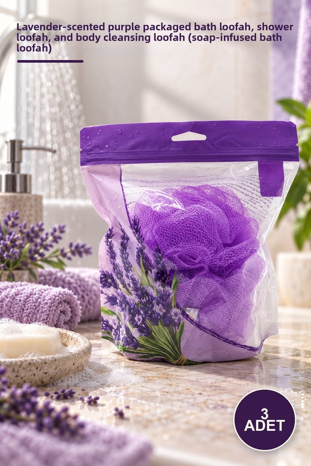 3 Soap-Infused Bath Loofahs – Lavender Scented Purple Packaged Mesh Loofah, Shower Loofah and Body Cleansing Loofah (Soap-Infused Bath Loofah)