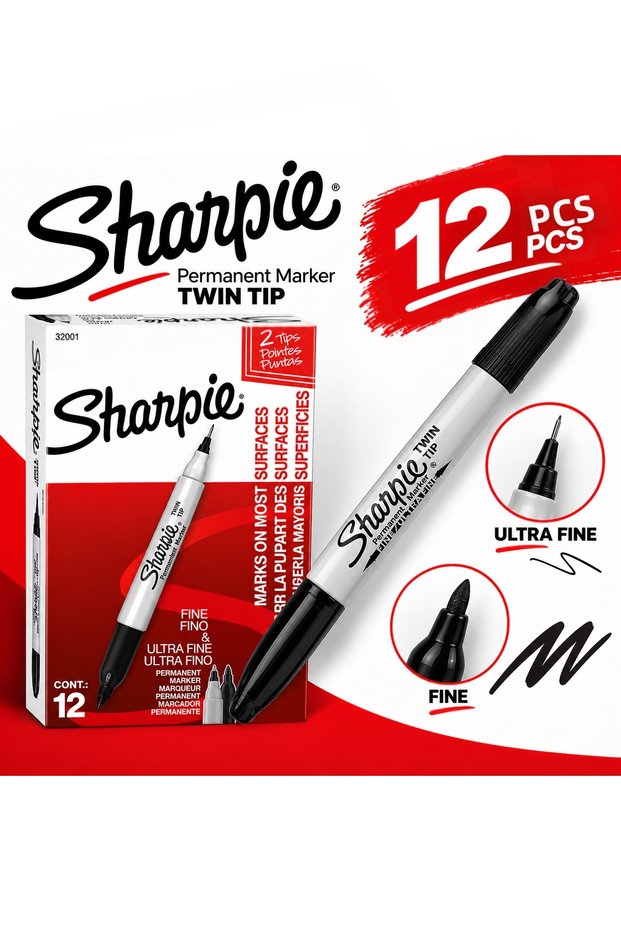 Twin Tip Permanent Marker, Double Tip Fine & Ultra Fine Black Marker – 12 Pieces