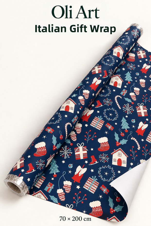 Italian Premium Gift Wrapping Paper - Midnight Blue Christmas 70 X 200 cm – 1 Roll Gift Paper