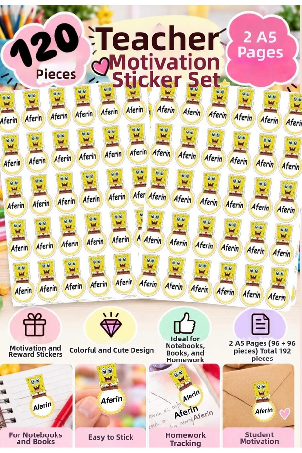 120 Pieces Spongebob Themed Teacher Motivational Sticker Set – Reward and Achievement Stickers 2.5 cm