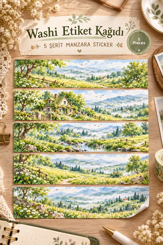 5 Pcs Large Landscape Washi Sticker Semi-Transparent Bullet Journal Scrapbook Laptop Agenda