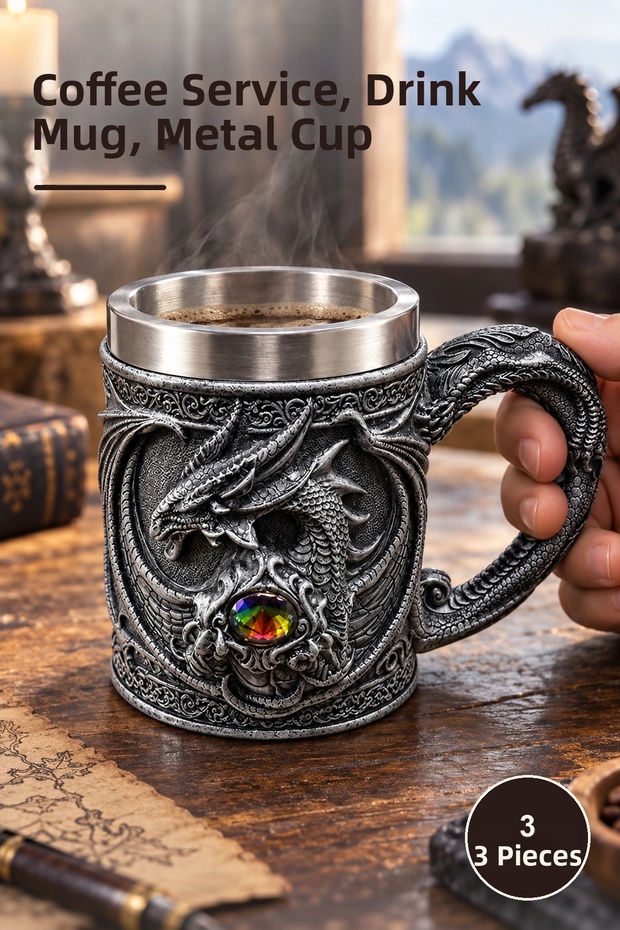 3 Pieces of Stainless Steel Mugs with Dragon Eye 3D Design – Cafe Service, Beverage Mug, Metal Cup