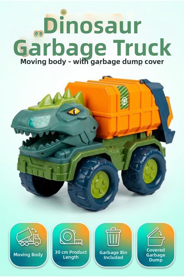 Dinosaur Garbage Truck 30 cm Educational and Fun Toy Truck with Movable Crate and Garbage Can Included