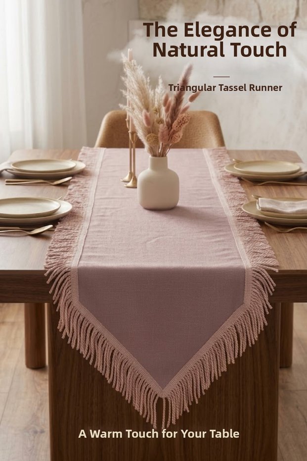 Tasseled Bohemian Triangle Runner Linen Textured Decorative Tablecloth Powder 40 X 140