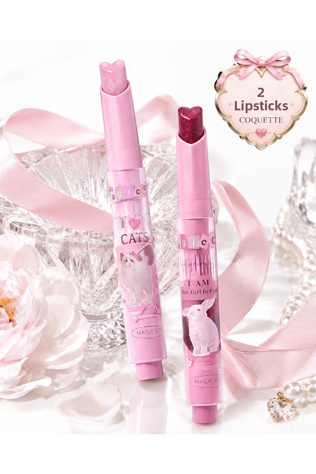Si̇mli̇ Magic Cats 2-Piece Coquette Heart Tip Glittery Lipstick Set