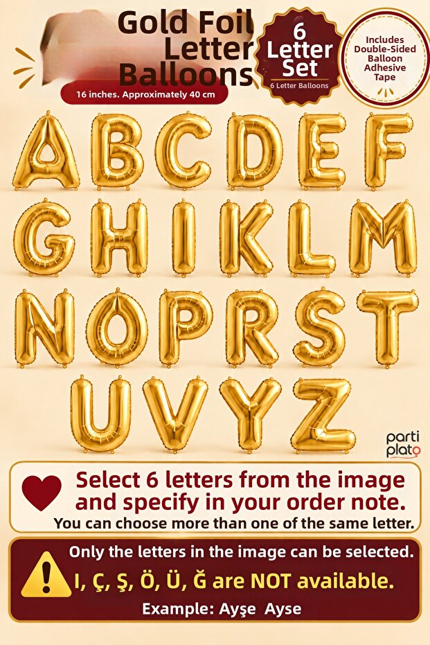 Gold Foil Letter Balloon Set with 6 Letters, 16 Inches, 40 Cm, Tape Included