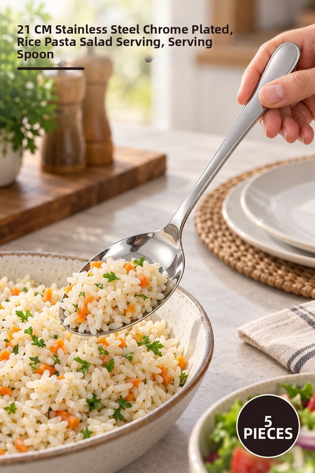 5 Pieces Metal Serving Spoon – 21 cm Stainless Steel Chrome Plated, for Serving Rice Pasta Salad, Serving Spoon