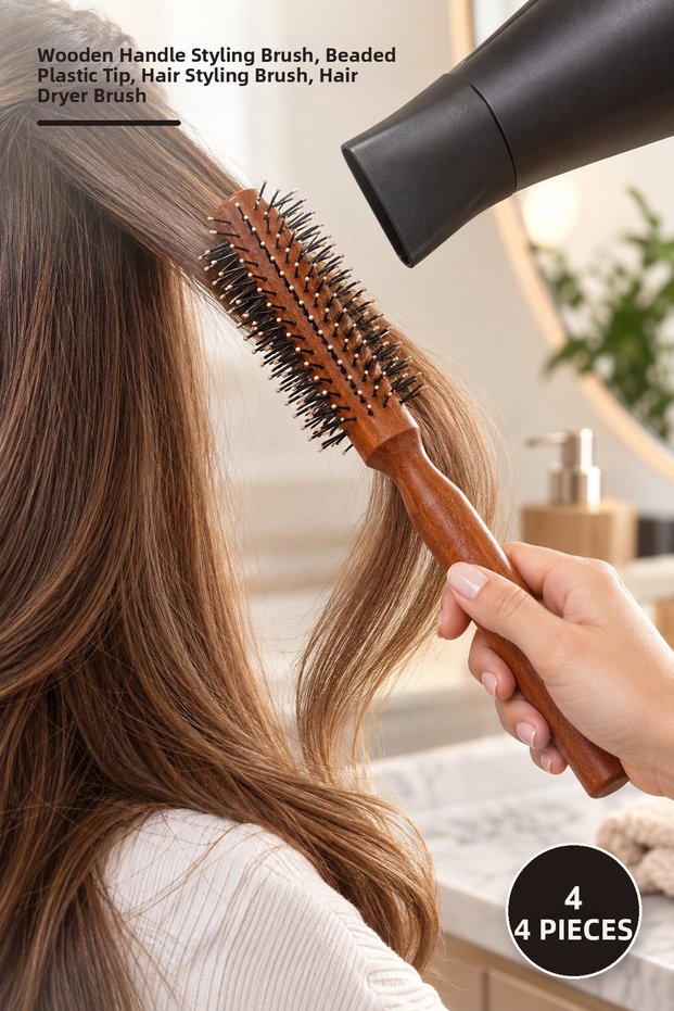 4 Pieces Blow Dry Brush – Styling Comb with Wooden Handle, Plastic Tips with Beads, Hair Styling Brush, Blow Dryer Brush