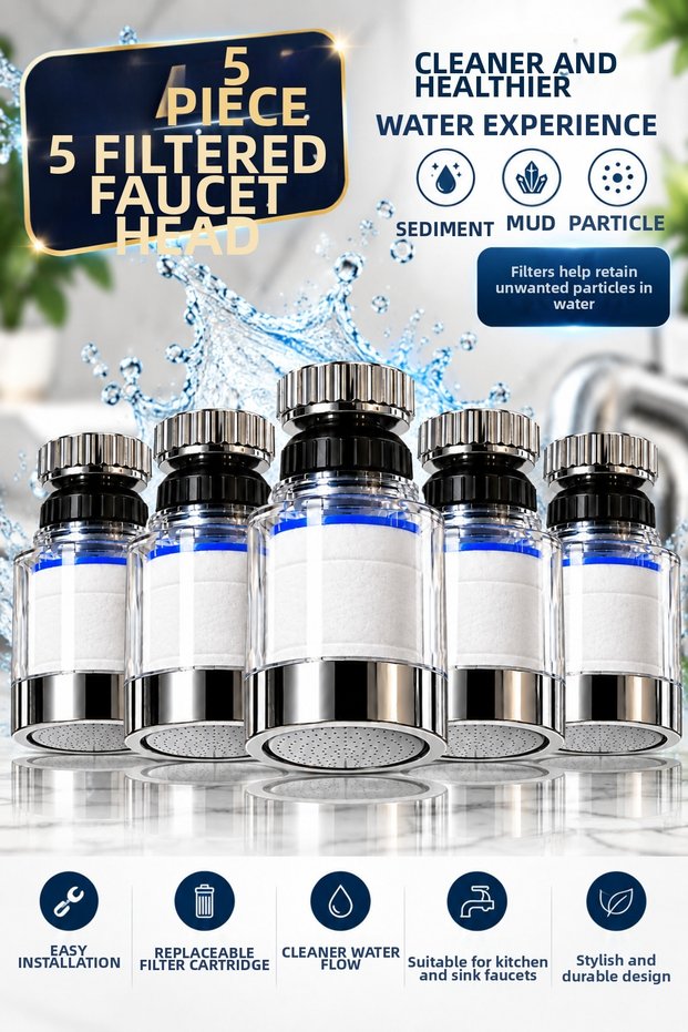5-Filter Faucet Head Water Purification Apparatus – Faucet Tip with Replaceable Filter Cartridge, Water Filter