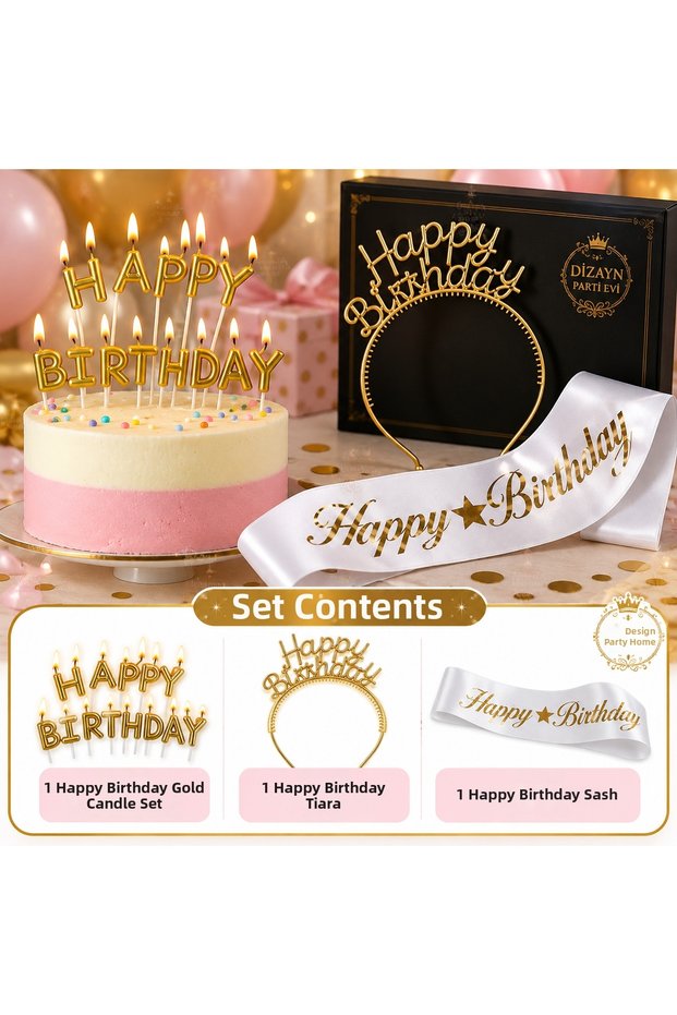 Gold Happy Birthday Set – Gold Candle Set, Crown and Sash 3 Pieces