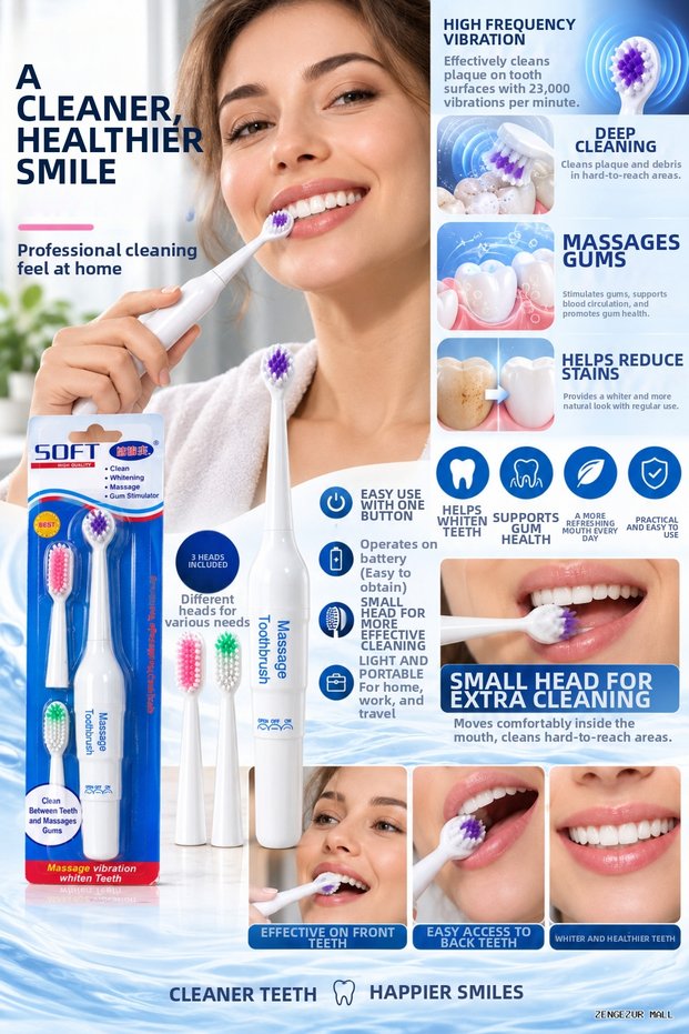 Zngzrmll Electric Massage Toothbrush with 3 Heads (112452) Deep Cleaning
