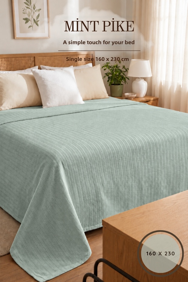 100% Cotton Pique Single Patterned Bedspread Young Room Luxury Pique Premium Special Mint Green