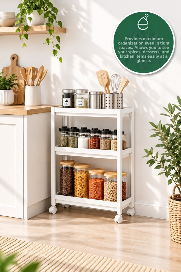 3-Tier Rolling Kitchen Shelf – Multi-Purpose Organizer, Spice Rack, and Food Storage Shelf