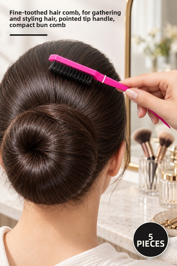 5Pcs Plastic Handle Bun Comb – Fine-Toothed Hair Comb, for Hair Gathering and Styling, Pointed Tip Handle, Compact Bun Comb