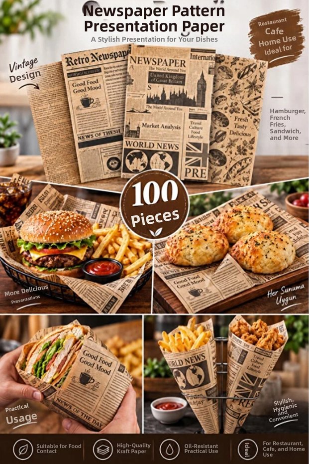 100 Self Patterned Oil Paper | 100 Pieces Vintage Newspaper Pattern Presentation Paper