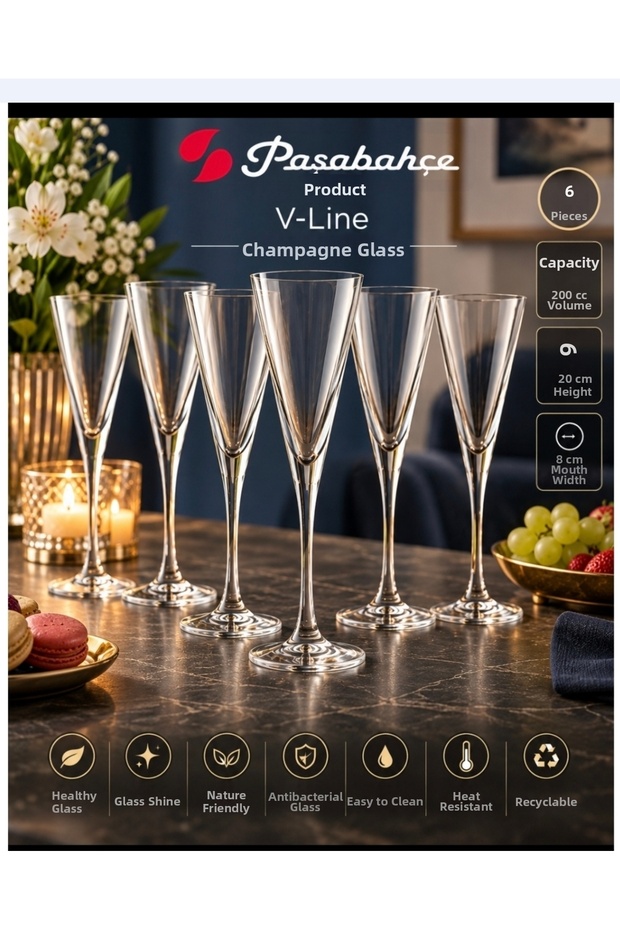 V-Line Champagne Stemware 6 Pieces 200 Cc Volume 20 cm Length 8 cm Mouth Stylish High-Quality Elite Product