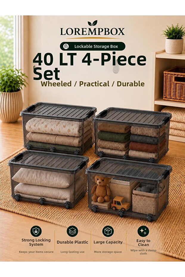 40 L Wheeled Lockable Storage Box Set of 4 Anthracite Stackable, Multi-Purpose Organizing Box
