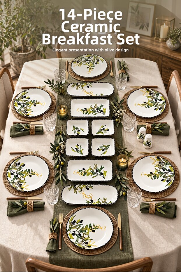 14 Piece 6-Person Olive Model Ceramic Breakfast Set 6 Cake Plates 4 Square Bowls 2 Rectangular Bowls 2 Oval Olive Bowls