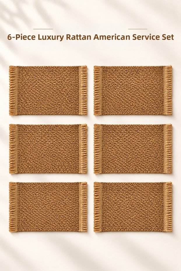 Luxury 6-Piece Brown Wicker Woven Rectangular American Serving Set – 45 × 30 cm