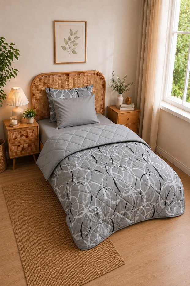 Veloura Luxe Single Sleeping Set | 100% Cotton Quilted Comforter, Elastic Fitted Sheet and Pillowcase