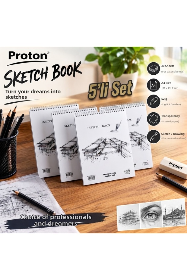 Aydınlatma Sketchbook 5 Pieces A4 30 Sheets 52 Gr Transparent Drawing Paper Spiral Sketchbook