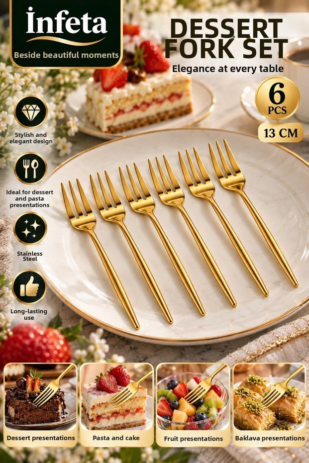 Gold 13 cm Set of 6 Stainless Steel Dessert Forks Pastry Cake Fruit Serving Forks