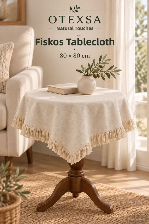 Fiskos Tablecloth with Fringed Tassels 80 X 80 cm Square Plain Textured Decorative Tablecloth