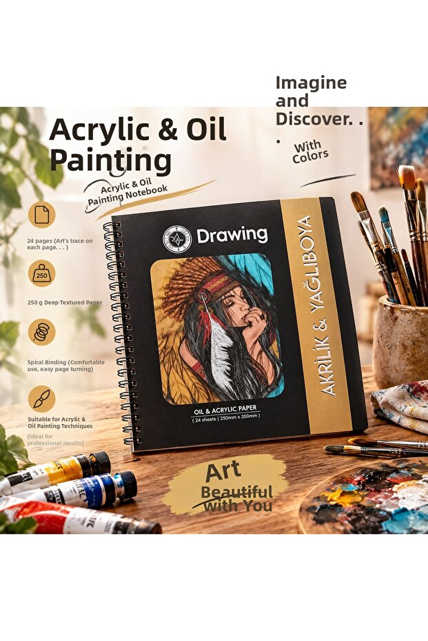 Acrylic & Oil Painting Drawing Notebook 20X20 cm 250 Gr Deep Textured Paper 24 Sheets Spiral Bound