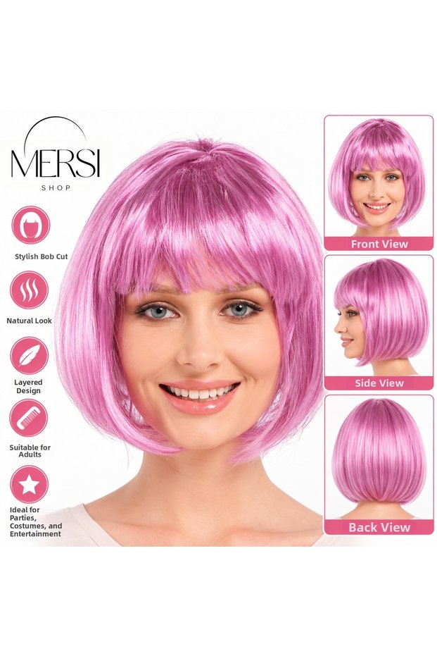 Rose Pink Short Cut Bob with Bangs Synthetic Party Wig Adult Costume and Entertainment Accessory