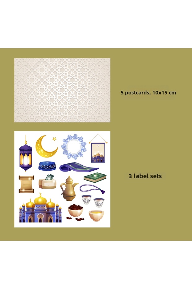 Ramadan Themed DIY Postcard Set (10X15 cm 5 Postcards - 3 Sticker Sets)