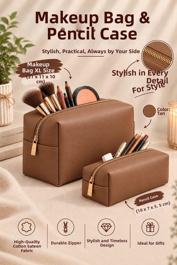 Vegan Leather Organizer Makeup Bag Multi-Purpose for Daily Use (23X12Cm)