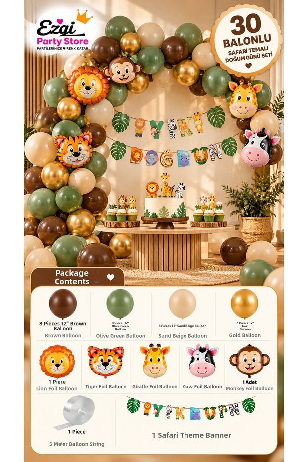Safari Themed Birthday Set Animal Themed Party Celebration Decoration Birthday Concept with 30 Balloons