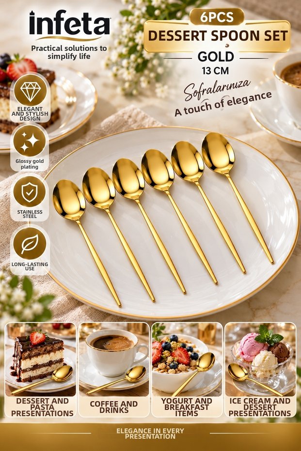 Gold 13 cm 6-Piece Dessert Spoon Set Stainless Steel Shiny Gold Color