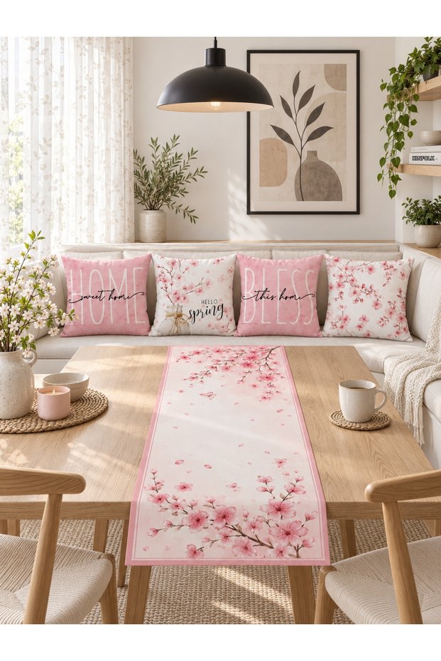 Pink Sakura Floral Written 4-Piece Throw Pillow Cover Runner Set