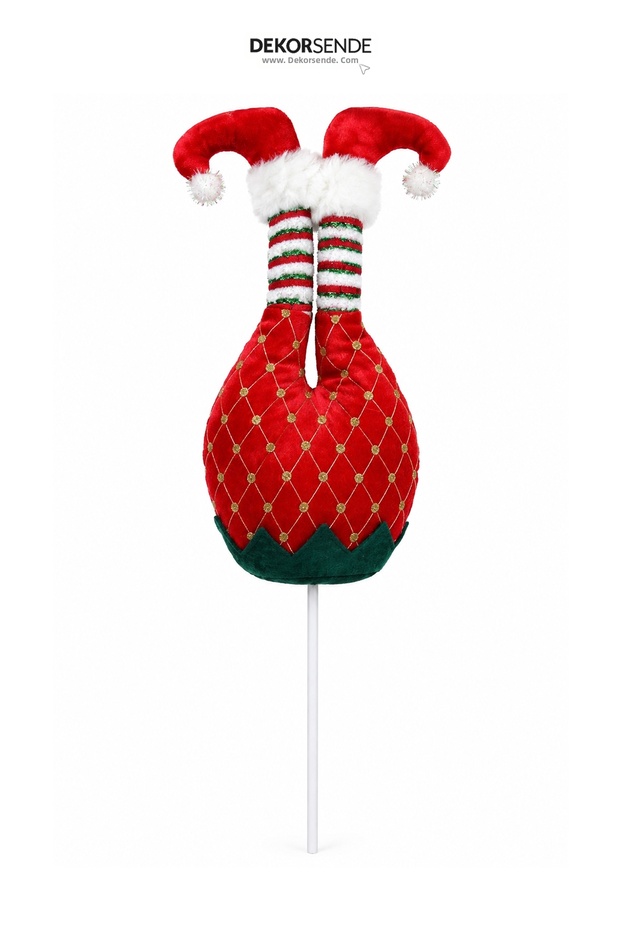 Christmas Ornament Velvet and Patterned Stick Elf Leg Red 54 cm