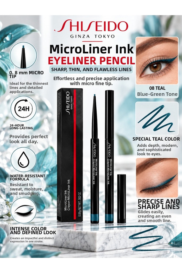 Microliner Ink 08 Teal 0.08 g – Long-Lasting and Waterproof Micro Tip Eyeliner That Lasts up to 24 Hours