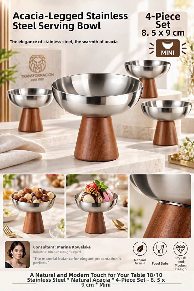 4-Piece Set - Midi - Acacia Footed Steel Ice Cream Bowl, Snack Bowl, Cake Fruit Presentation Bowl, Serving Set 18/10 304 Steel 723769