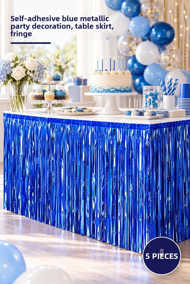 5 Pieces of Table Skirt – Self-Adhesive Blue Metallic Tasseled Party Decoration, Table Skirt, Fringe