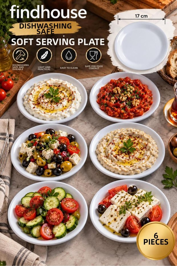 6 Pcs 17cm Premium Unbreakable Melamine Soft Serving Plates for Appetizers, Breakfast, Dowry, Cafe, Diner, Restaurant, Hotel