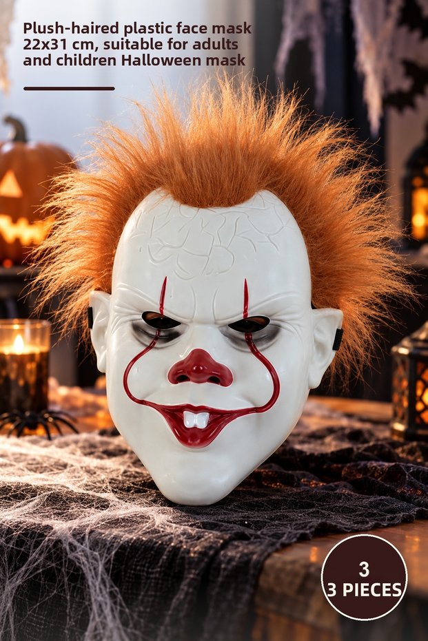 3 Pieces of Scary Joker Mask – Plastic Face Mask with Plush Hair 22X31 Cm, Halloween Mask Compatible for Adults and Children
