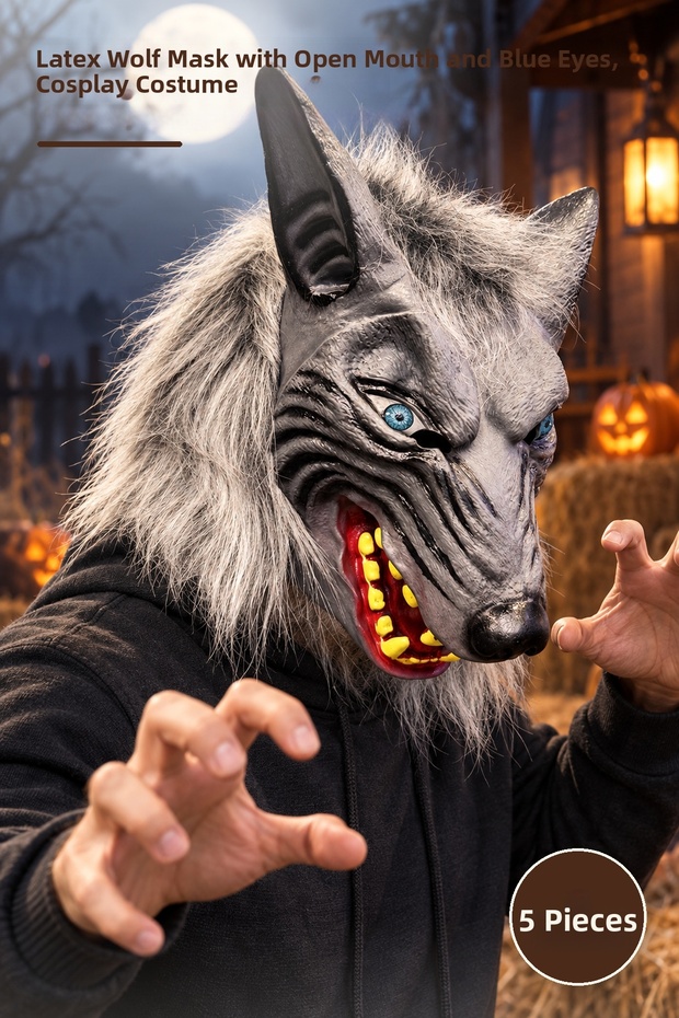 5 Pcs Wolf Mask – Latex Full-Fit Headgear with Open Mouth, Teeth, Blue Eyes, Cosplay Costume and Wolf Mask