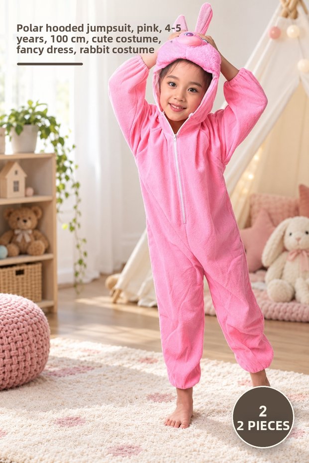 2 Pieces Children's Rabbit Costume – Jumpsuit with Fleece Hood Pink 4-5 Years 100 Cm, Cute Costume, Fancy Dress, Rabbit Costume