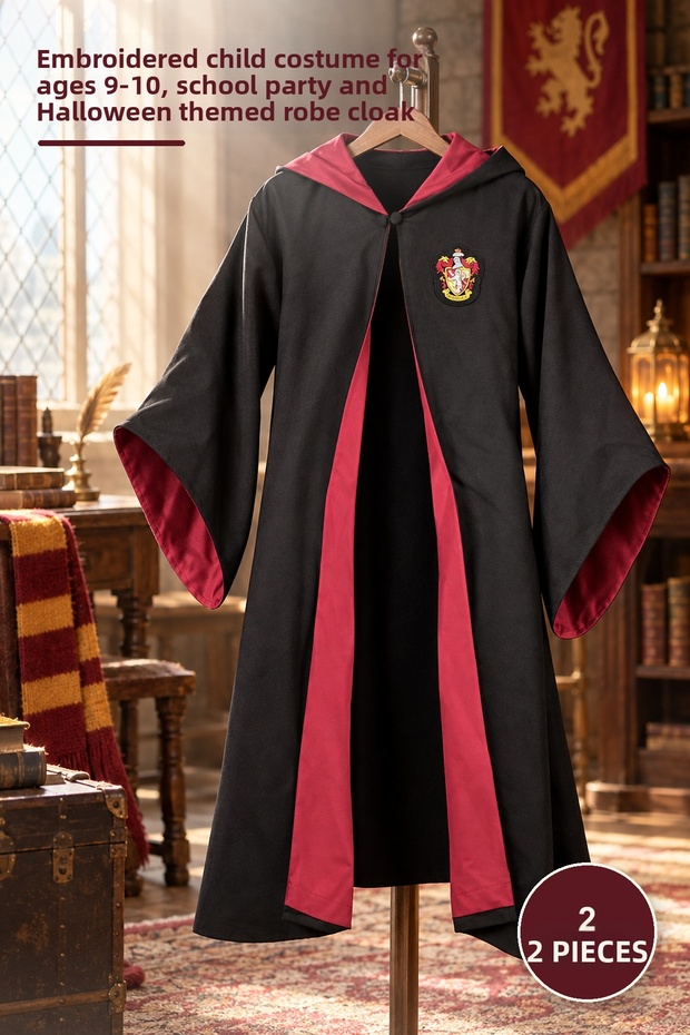 2 Pieces Harry Potter Gryffindor Robe – Embroidered Children's Costume for Ages 9-10, Robe Cloak for School Party and Halloween