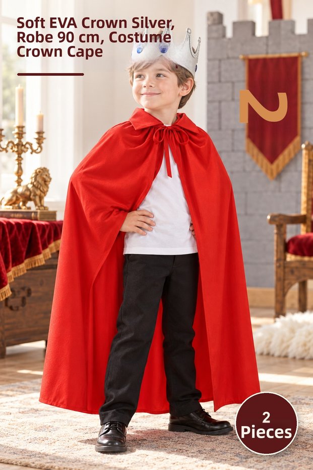 2-Piece King Crown and Red Cape Set – Soft Eva Crown Silver, Jersey Cape 90 Cm, Costume Crown Cape